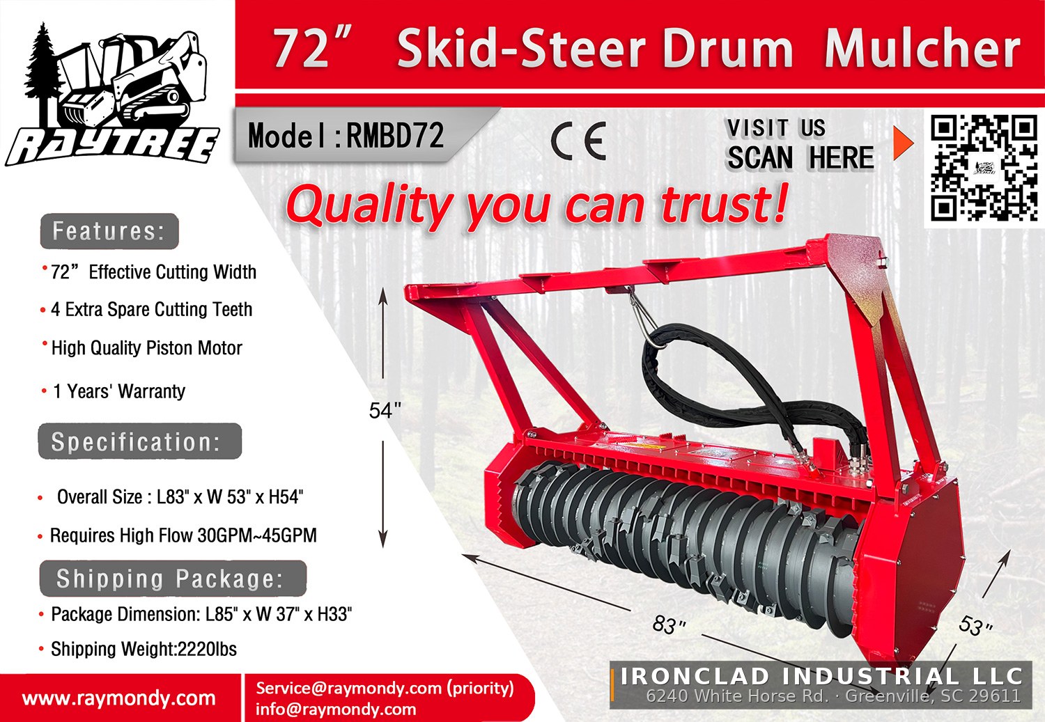 2026 Raytree RMBD72 — Raytree 72" High-Flow Skid Steer Drum Mulcher — photo 4